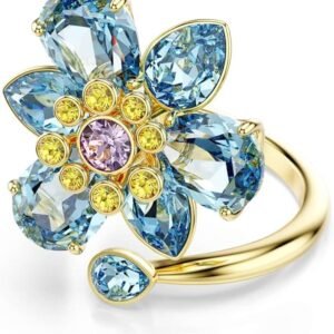 Anillo Abierto Flor de Cristal Azulado con Baño en Rodio