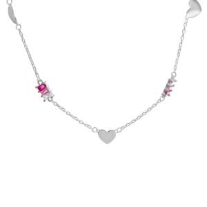 Collar de Plata con Corazones y Piedras Rosas